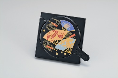 36-0802 合せ鏡 黒 扇面  Two Mirrors Set w Fan Motif