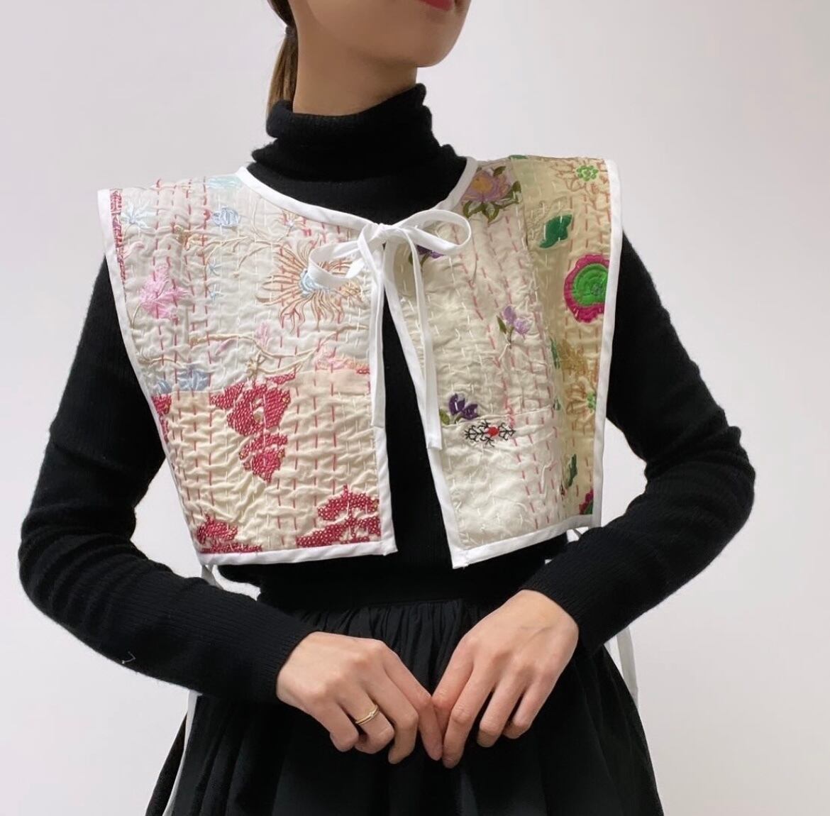 絣のパッチワークの付け襟 半幅帯 正絹紬 パッチワーク ハンドメイド