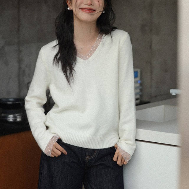 lace v-neck knit　J00407