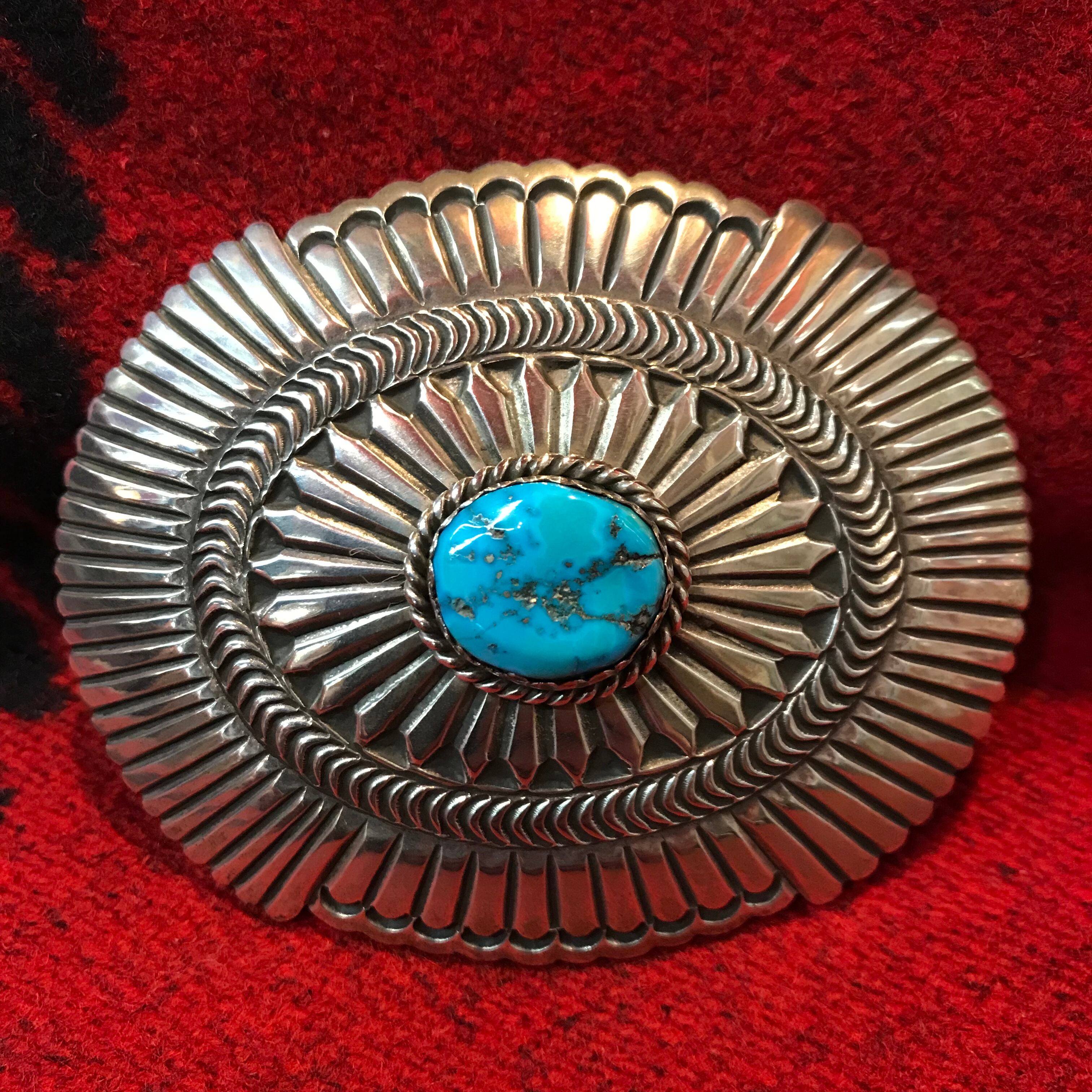 古美術品1800年代Navajoターコイズ.シルバー彫金バックル キングマン 