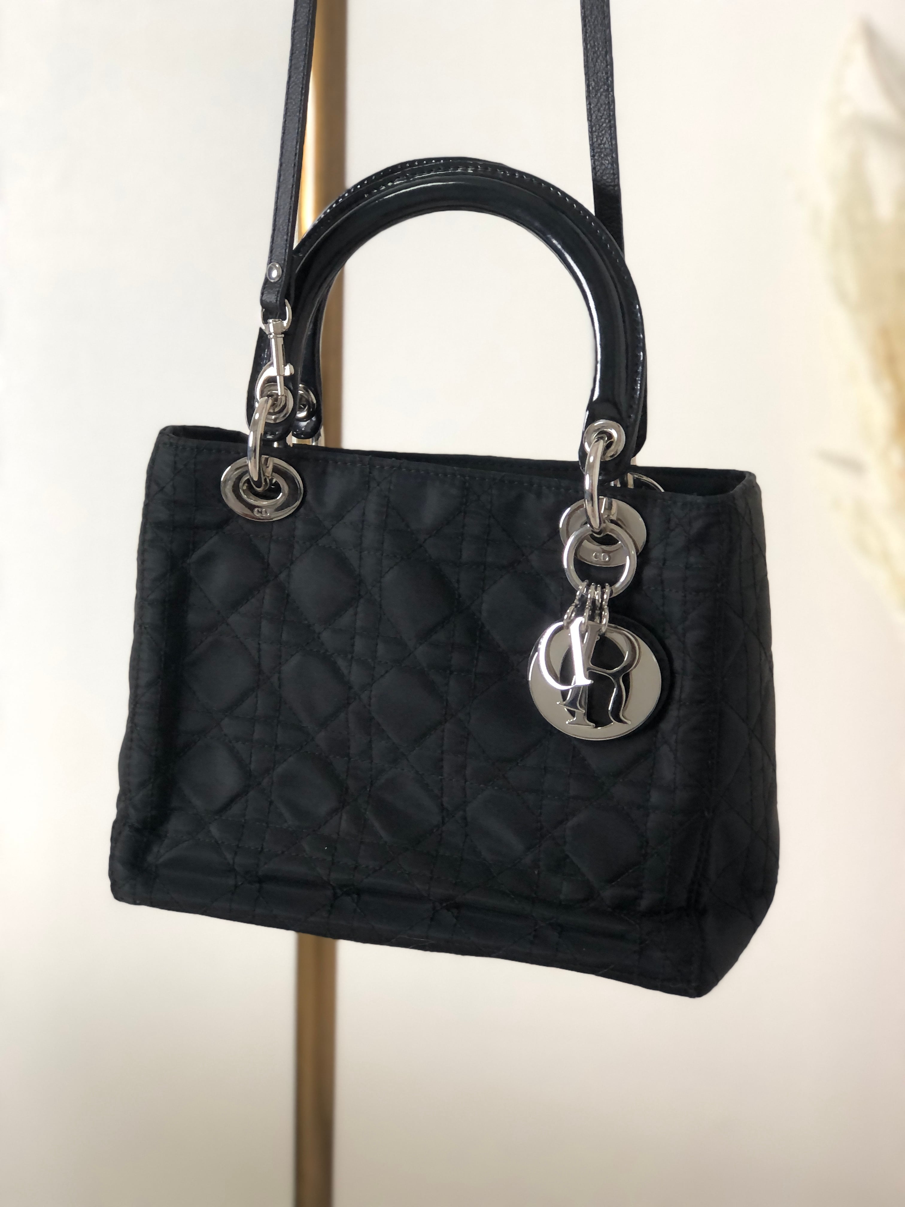 ディオール Dior カナージュ レディディオール LADYDIOR 2WAY 肩掛け ハンドバッグ ナイロン/レザー ブラックバッグ