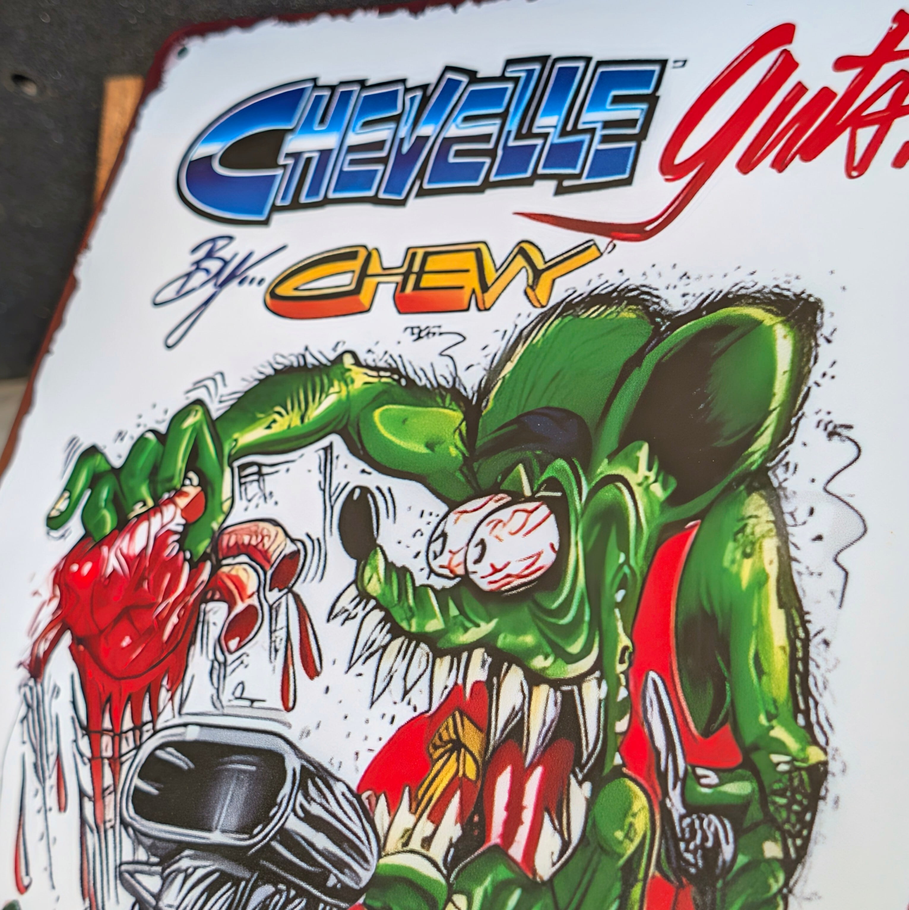 送料無料!ちょうどいいブリキ看板 【 RAT FINK ( ラットフィンク ) 】 『 CHEVELLE Guts! By... CHEVY 』METAL SIGN / メタルサイン / ブリキ看板 / サインボード / ビンテージ加工〚アメリカン雑貨 アメトイ〛