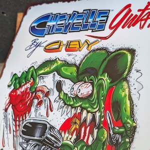 送料無料!ちょうどいいブリキ看板 【 RAT FINK ( ラットフィンク ) 】 『 CHEVELLE Guts! By... CHEVY 』METAL SIGN / メタルサイン / ブリキ看板 / サインボード / ビンテージ加工〚アメリカン雑貨 アメトイ〛