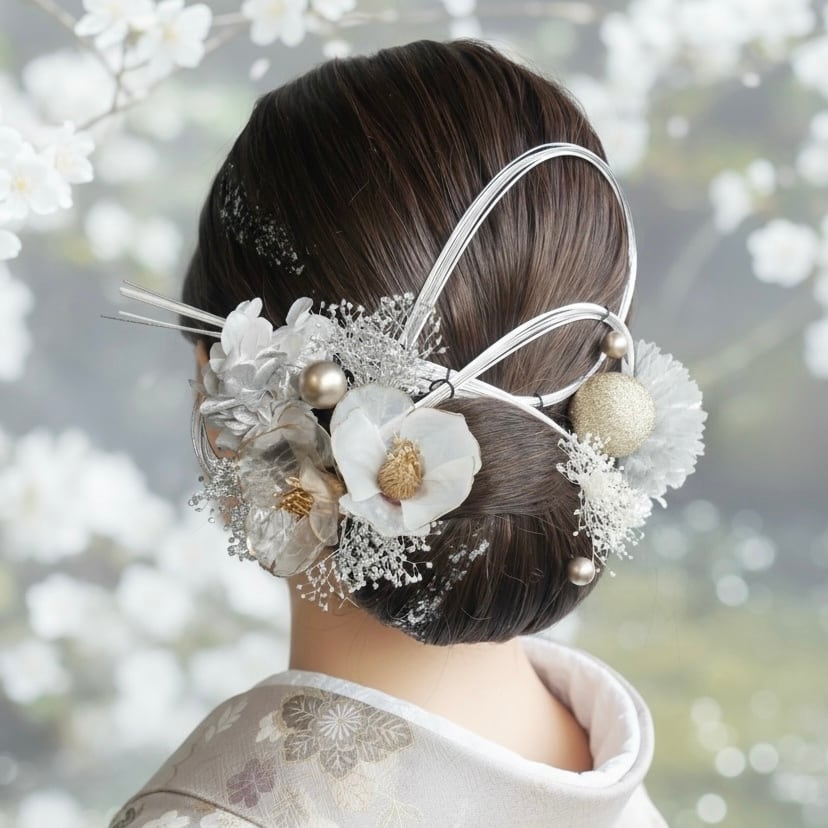 A150 シルバー クリア椿 水引アレンジ ドライフラワー 髪飾り 成人式 卒業式 振袖 結婚式 袴