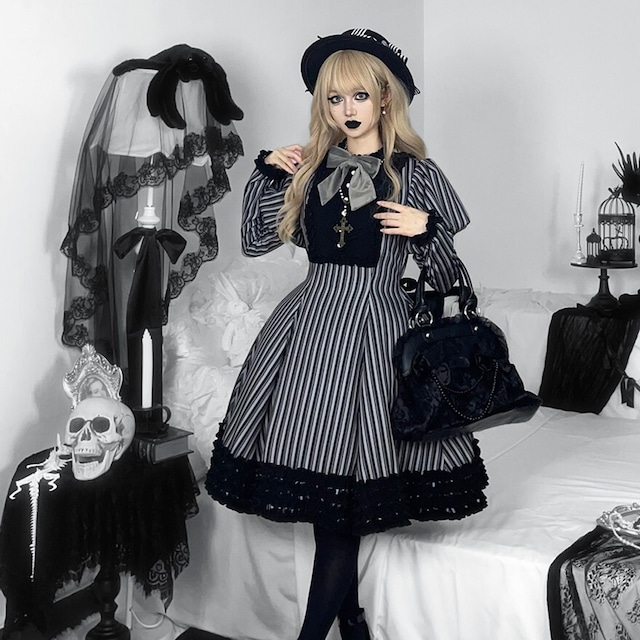 クラロリ 森ガール風 ワンピース ロング丈 ストライプ柄 上品 お茶会衣装