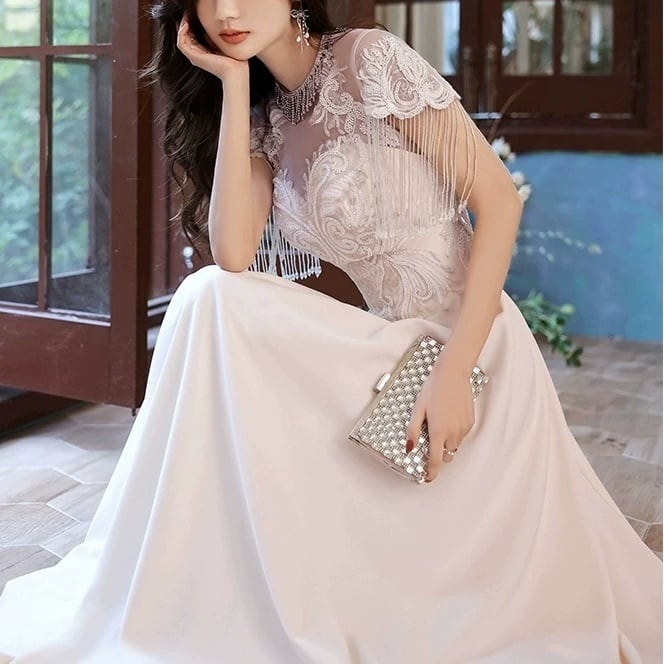 パーティ ドレス フリンジ 刺繍 レース 透け感 ロング/イブニング(M9289)ε