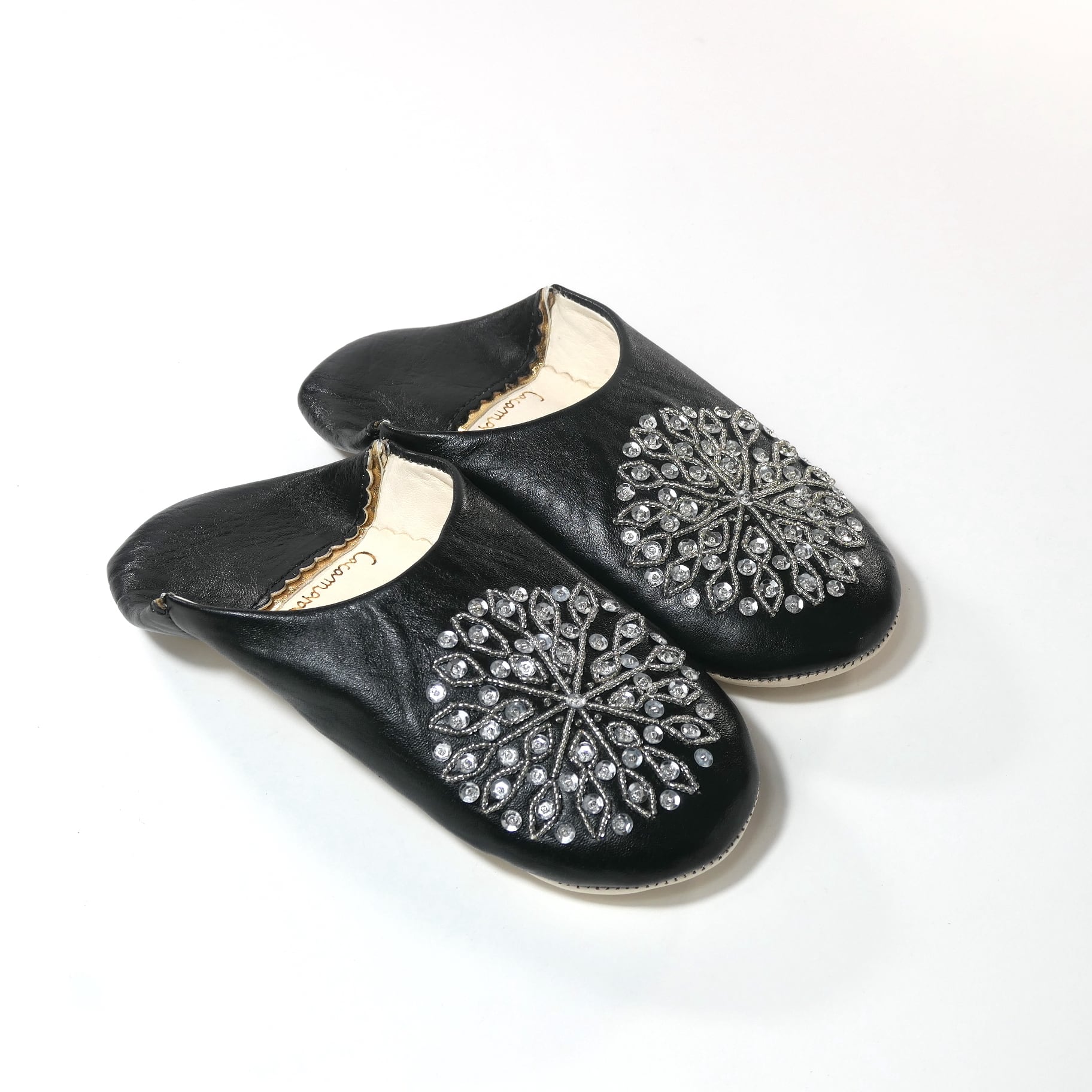 【Afro-de-porori 】CALLA バブーシュ　サボ ブラック（シルバースパンコール）レザー バブーシュ スリッパ