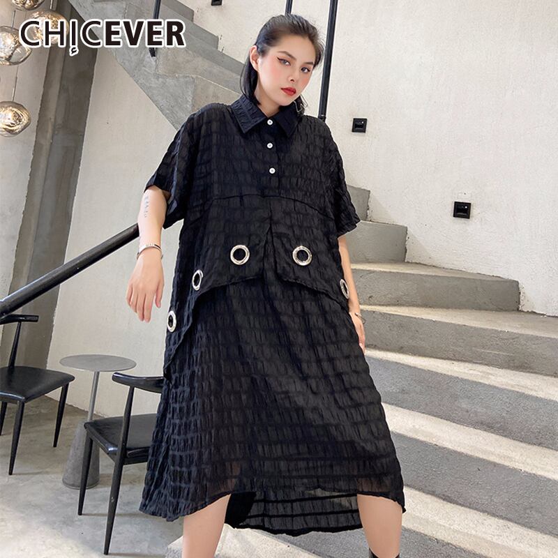 CHICEVERパッチワークメタルリングドレスレディースラペルカラー半袖非対称ミディサマードレス2020 ショート ハーフスリーブ 夏物 指輪 6base567680302774