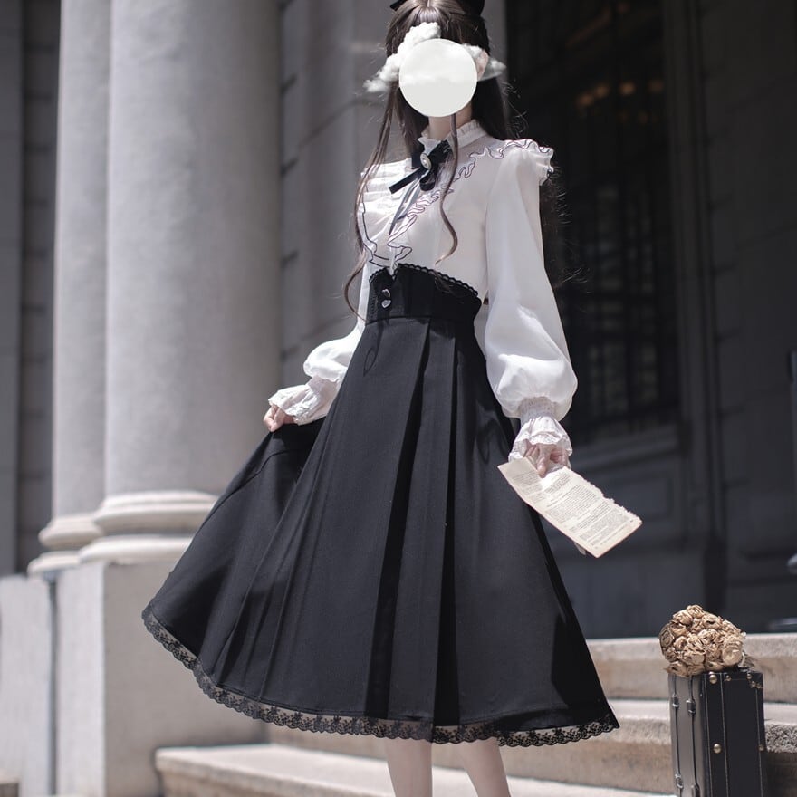 ロリィタ系 量産型 フリルワンピース フェイクツーピース ネックリボン付きお嬢様風 控えめ 胡桃木