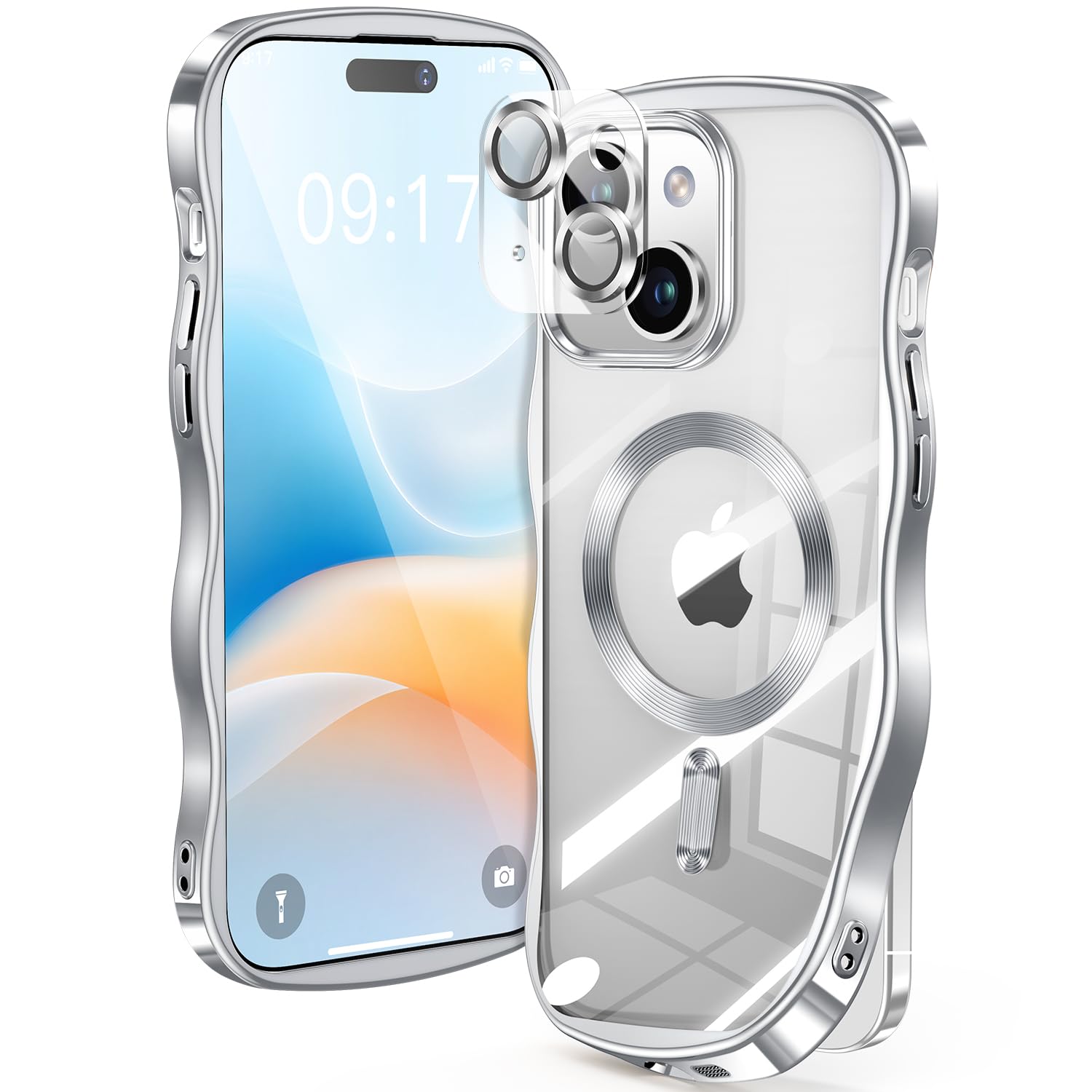 【米軍進化耐久・CDリング・キュートなウェーブエッジ】iPhone 15 ケース 【カメラ全面保護】【MagSafe対応】カメラフィルム 強力マグネット 衝撃吸収 TPU+PC メッキ加工 ソフト 黄ばみ防止 クリアケース iPhone 15 6.1インチ 男女兼用 (シルバー)