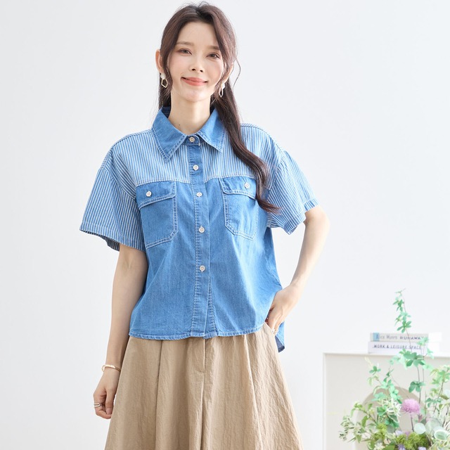 【SALE 10%OFF 4/2 10:00まで】TRUBE デニム  ストライプ切替半袖シャツ【M~L】デニムブルー