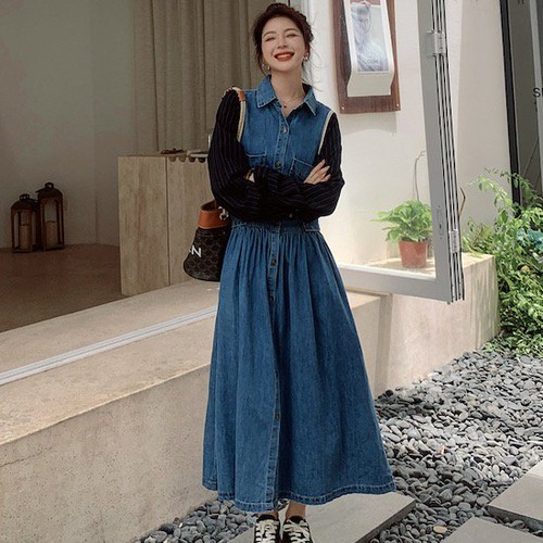 デニムワンピース レディース デニムスカート ロング丈 ワンピース ロングワン ゆったり おしゃれ 春物 秋物 ドッキングワンピ 韓国 デニムワンピース レディース デニムスカート ロング丈 ワンピ