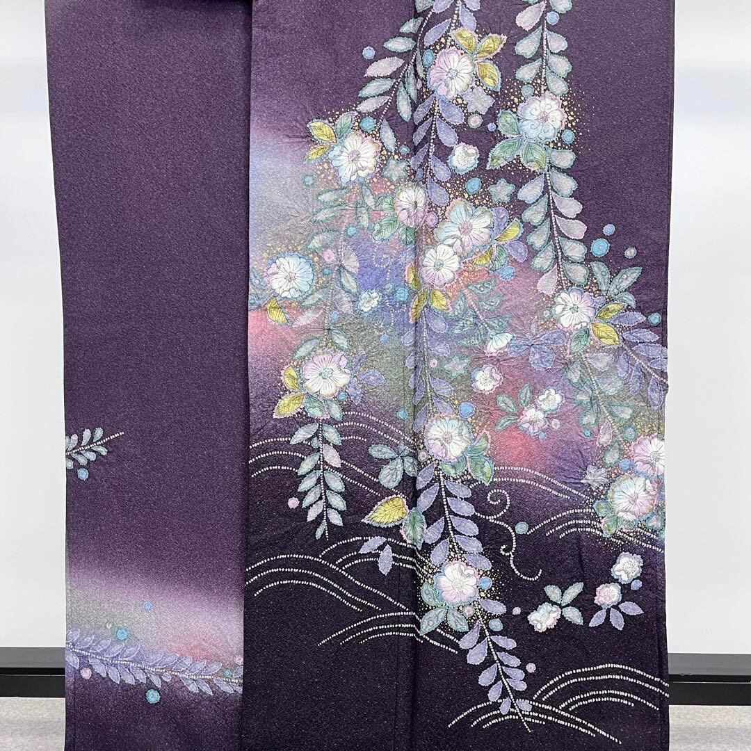 訪問着 美しい辻が花絞り パステル色の暈し 金彩 茄子紺色 K 訪問着 美しい辻が花絞り パステル色の暈し 金彩 茄子紺色 K