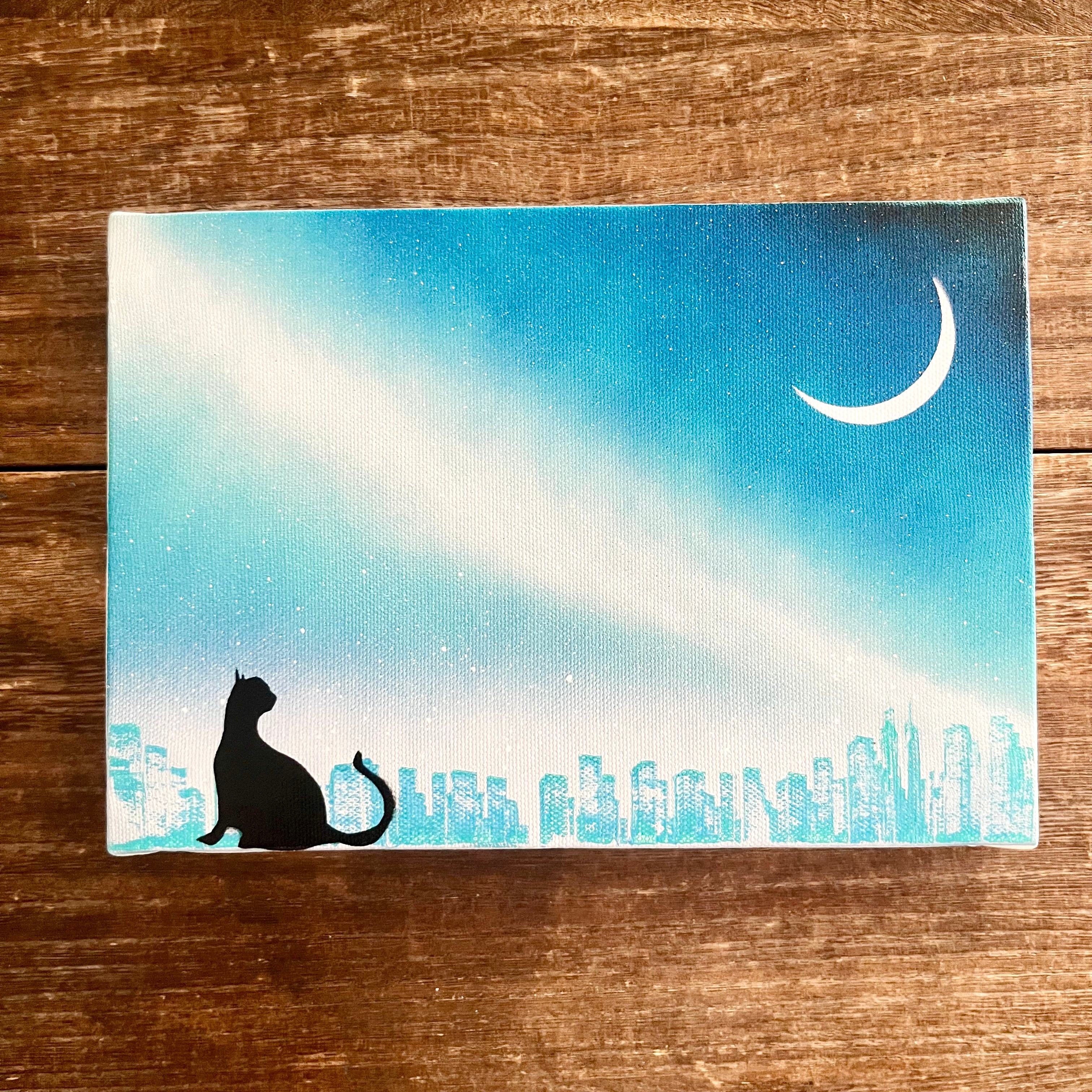 三日月と猫」原画 月夜×星空×黒猫 青 ターコイズ 絵画