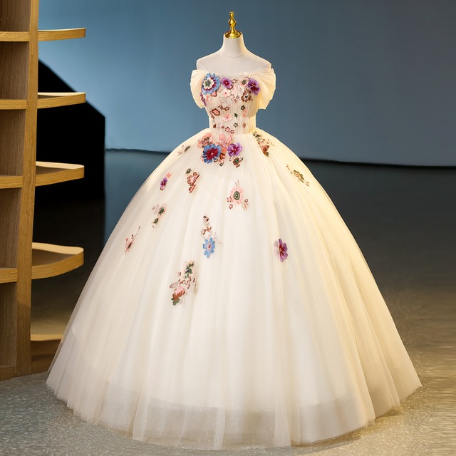 花柄刺繍シャンパンホワイトドレス　D0362