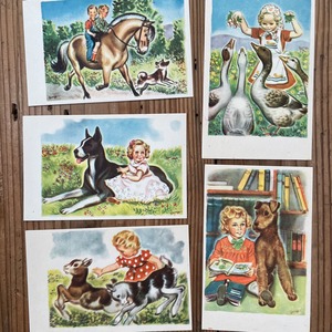 子供と動物の絵葉書5枚セット