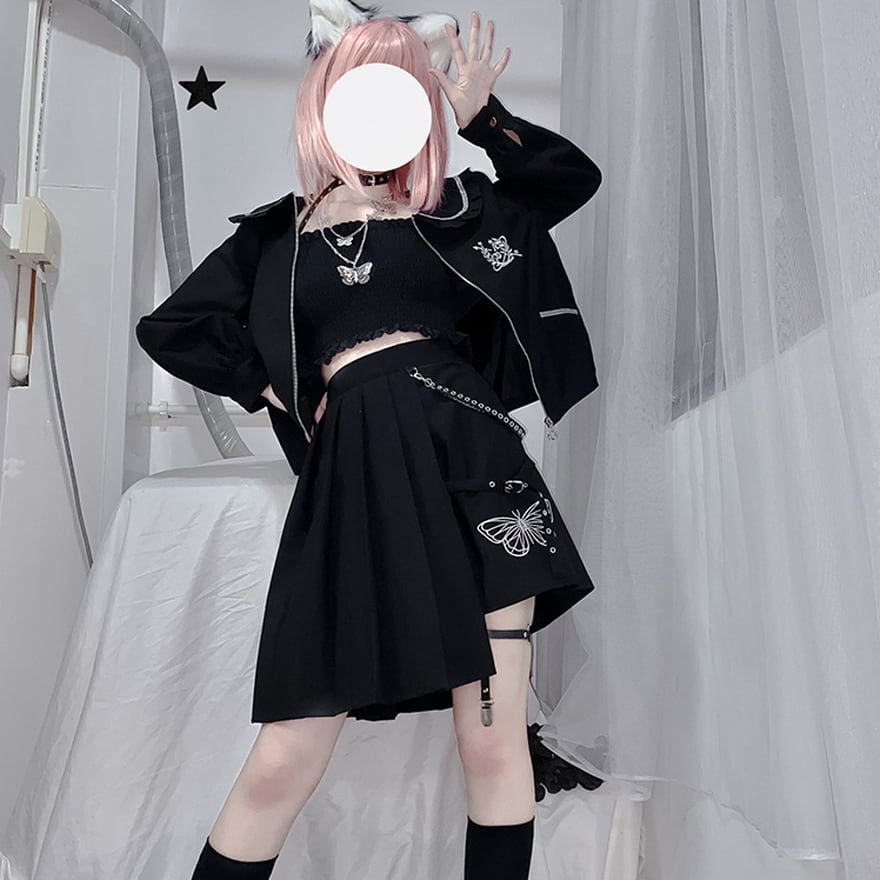 【即納】パンクロリィタ 夜行猫 セットアップ butterfly 刺繍