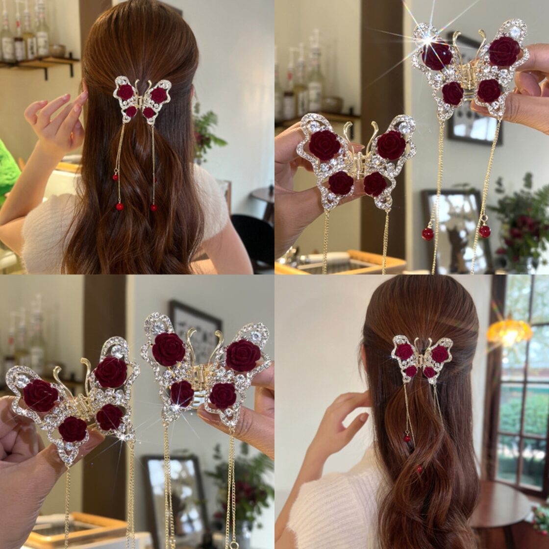 レッドローズバタフライヘアグリップガールロングフリンジヘアクリップ 