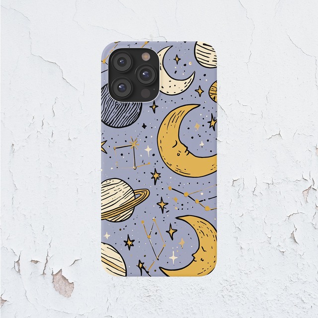 受注生産 iPhoneケース ブルー背景の月と星のパターン｜星柄 STAR068A