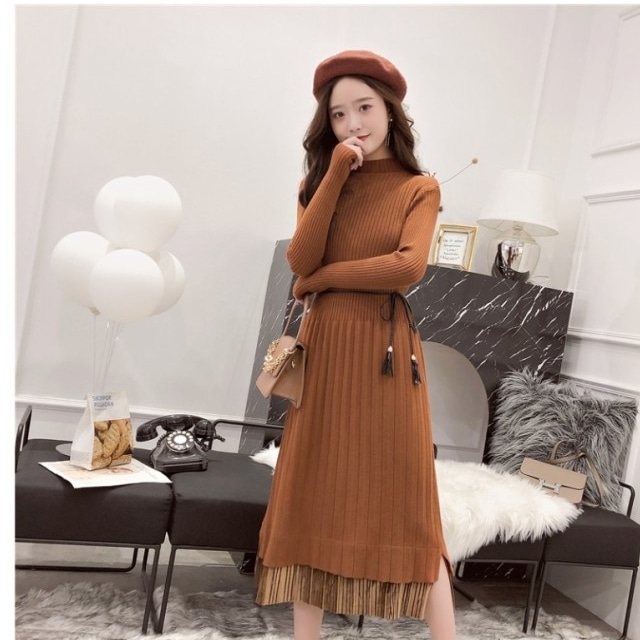 ニットワンピース 韓国 秋 冬 ワンピース レディース ニットワンピース ロングワンピース パフ袖 リボン フレア 上品 フェミニン ｖネッ Basecamp49