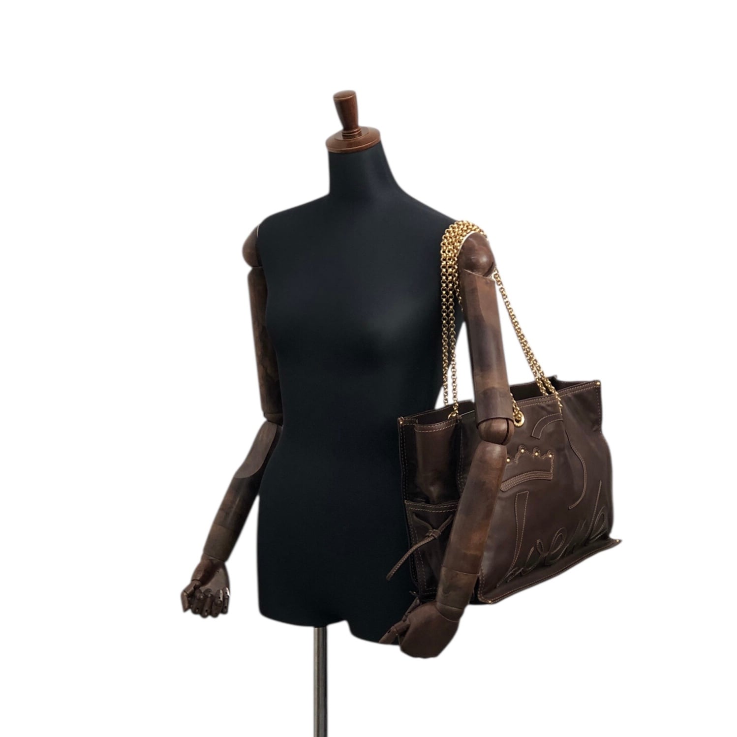 LOEWE ロエベ トートバッグ ブラウン ロゴ レザー チェーン vintage