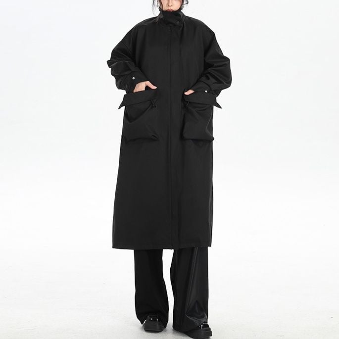 BLACK HIGH COLLAR MIDI FULLZIP CASUAL COAT 1color M-14564