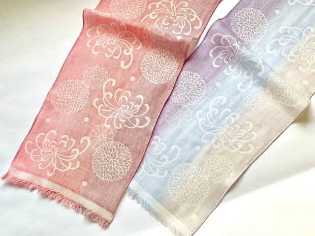 三重織スカーフ 菊模様 桃色/紫色