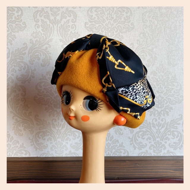ブラック×やまぶき色　リボンベレー帽　モアオリジナル