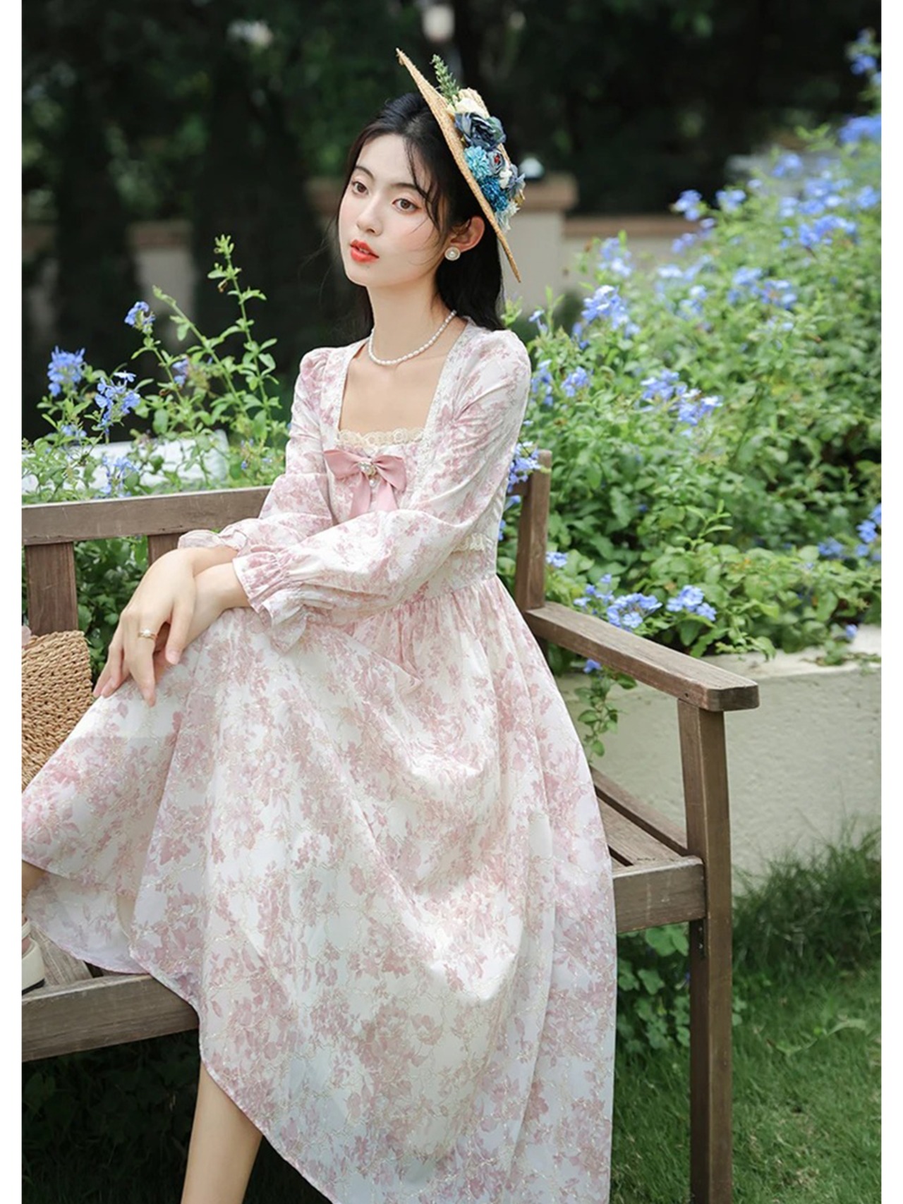 【0264】Pink Flower Ribbon Long Sleeve Dress