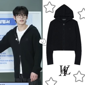 ★ZEROBASEONE ジウン 着用!!【WOOALONG】Signature slim hood knit zip-up - BLACK