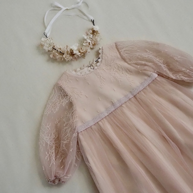 Puff sleeve lace Kids dress & head accessory（Pink）90