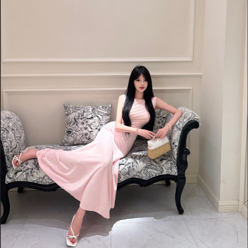 2色】ロングドレス レディース ノースリーブ シワ編みデザイン