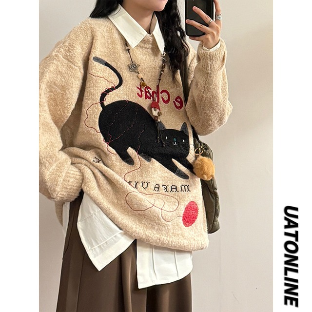 【UATONLINEシリーズ】★セーター★ ニットトップス 男女兼用 レディース 猫 ねこ ネコ 可愛い ラウンドネック