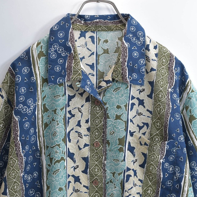 90～00s DESIGN SHIRT デザインシャツ 開襟 花柄 幾何学模様 オープンカラーシャツ ストライプ 半袖 トップス ヴィンテージ ボタニカル レトロ ビンテージ 古着 レディースXL相当