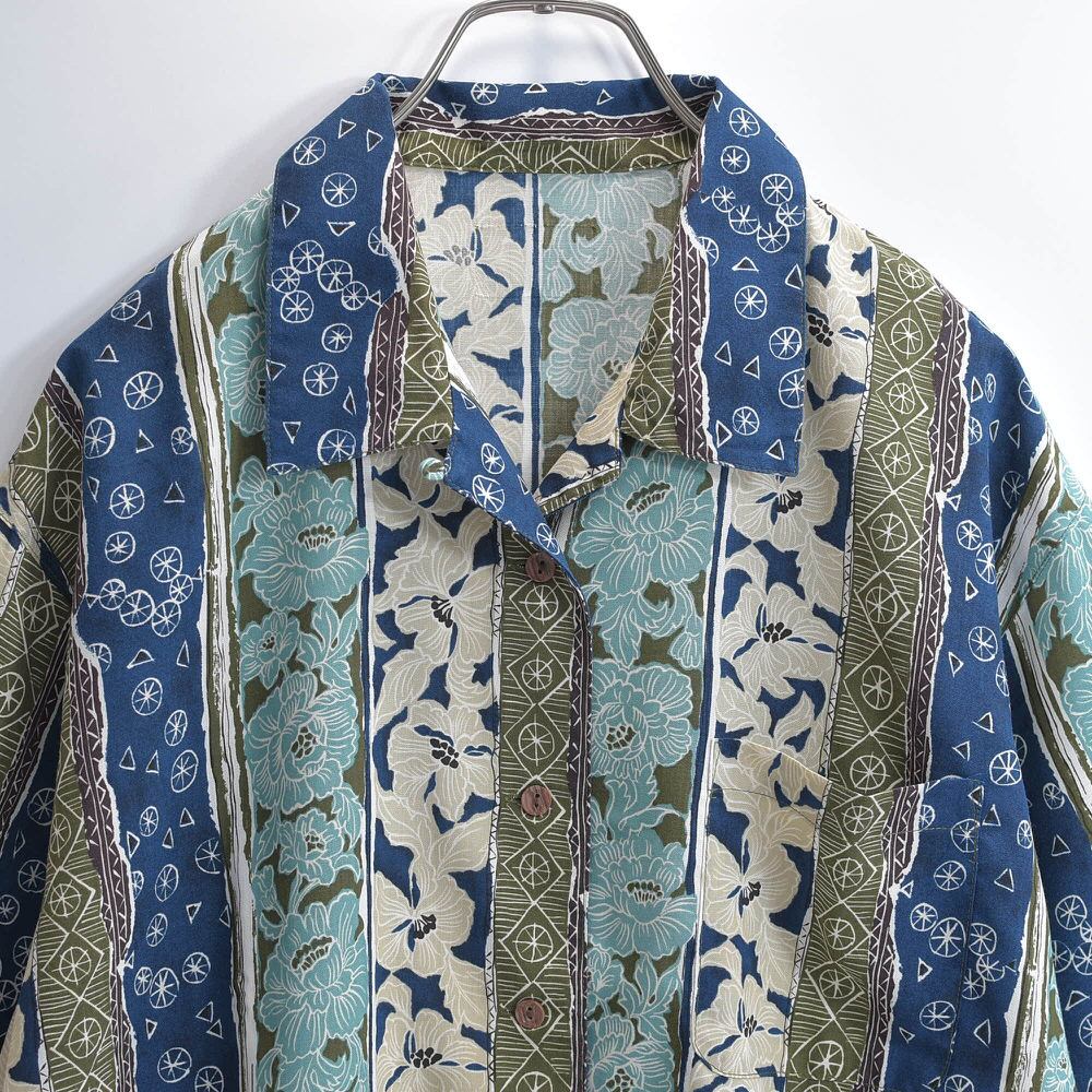 90~00s DESIGN SHIRT デザインシャツ 開襟 花柄 幾何学模様 オープンカラーシャツ ストライプ 半袖 トップス ヴィンテージ ボタニカル レトロ ビンテージ 古着 レディースXL相当
