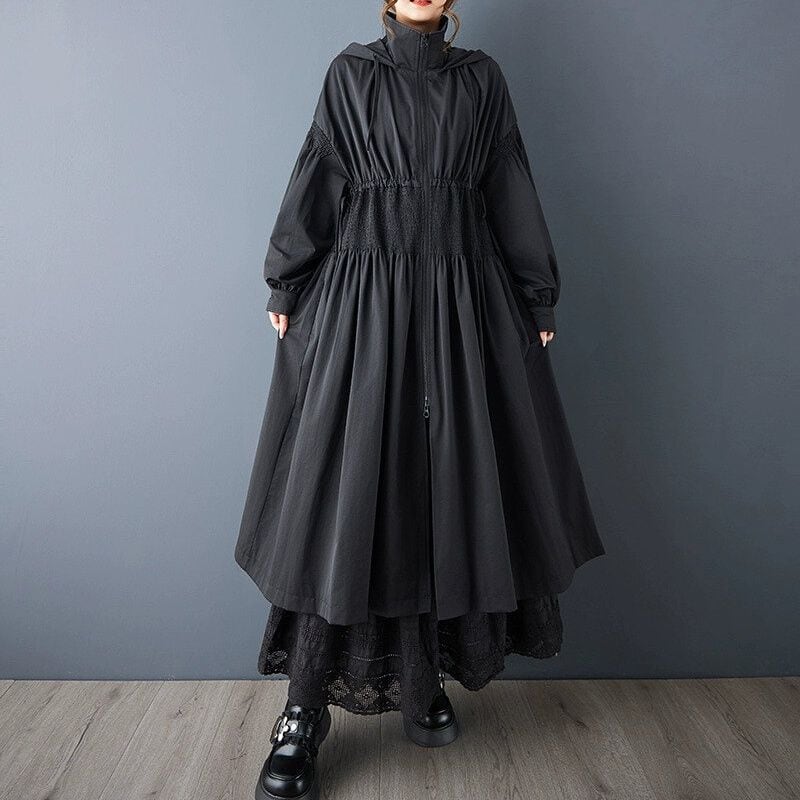 BLACK HOODED SHIRRING WAIST A-LINE LONG FULLZIP COAT 1color M-15059