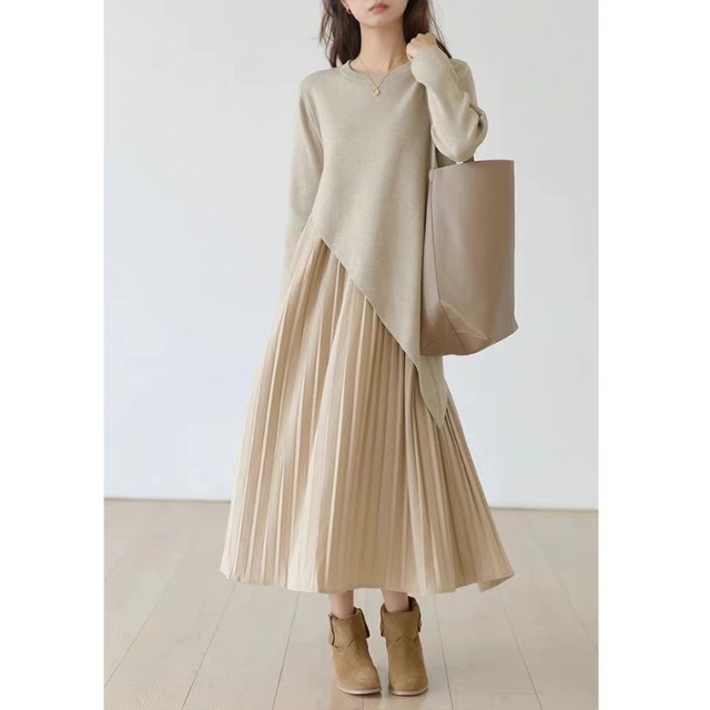 アシンメトリー　ロングプリーツ　レイヤードワンピース　2col　N00114