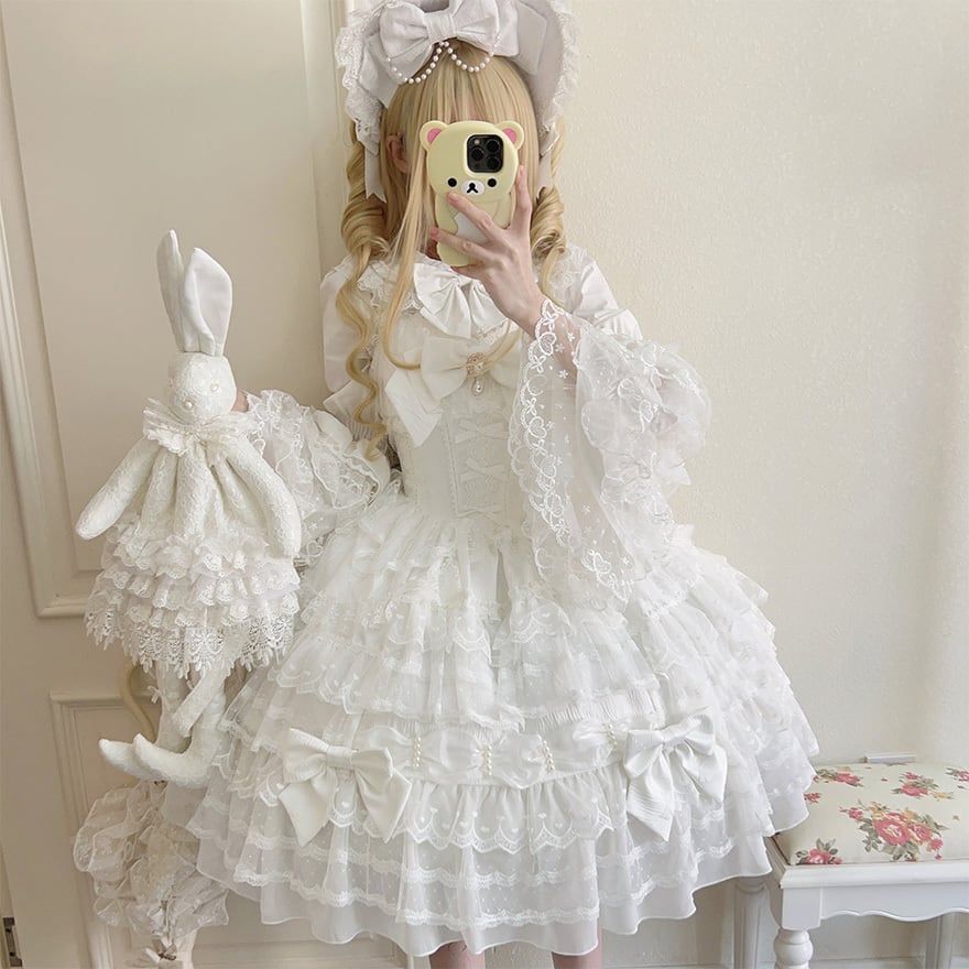 甘ロリ 夢かわいい ふわふわ ドレス バックリボン レース 姫袖
