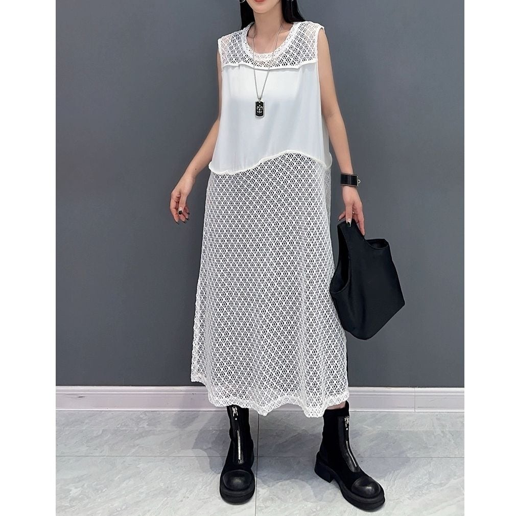 SOLID MESH STITCH ROUND NECK SLEEVELESS A-LINE LONG DRESS 2colors M-9823