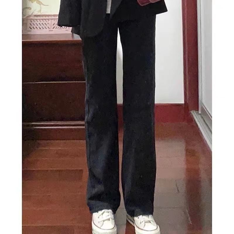 【新作】【送料無料】 2021 年秋の女性のためのレトロストレートジーンズ新しい黒パンツスリムルーズハイウエストドレープワイドレッグパンツトレンディな 0385274066451