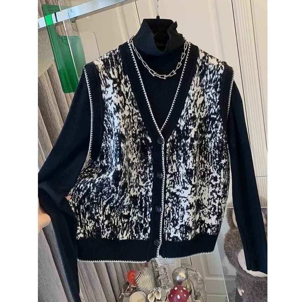BLACK HIGH NECK & MONOTONE PATTERN KNIT VEST SET 2pieces 1color M-16281