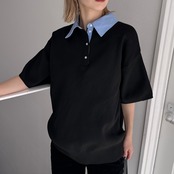 襟付半袖シャツknit/ブラック