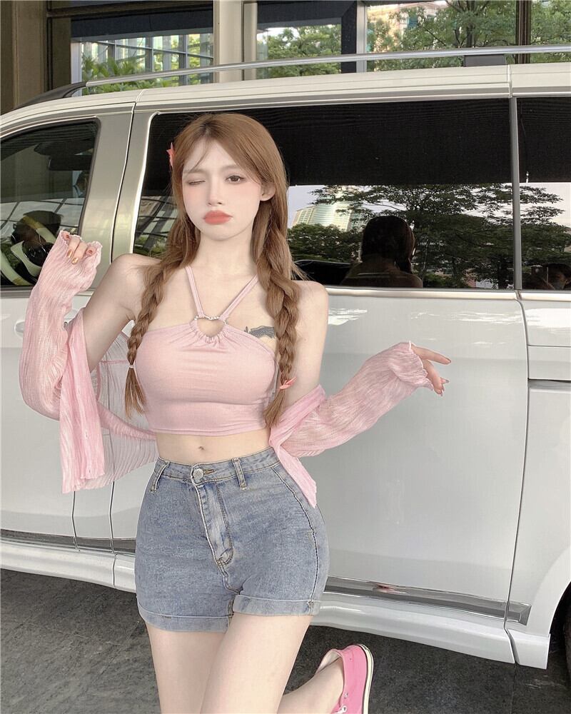 サマーショートホルタートップス ピンク 夏物 ヨーロピアン ブラックストロベリース5480789663