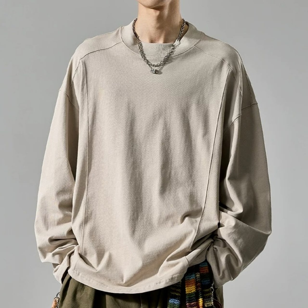 パネルラインボトルネックルーズロングスリーブTシャツ 4col A00518