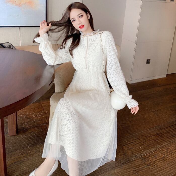 オータムウィンターウェストメッシュベルベットレースドレス 秋物 冬物 ステッチ ハンチェンe32641671192