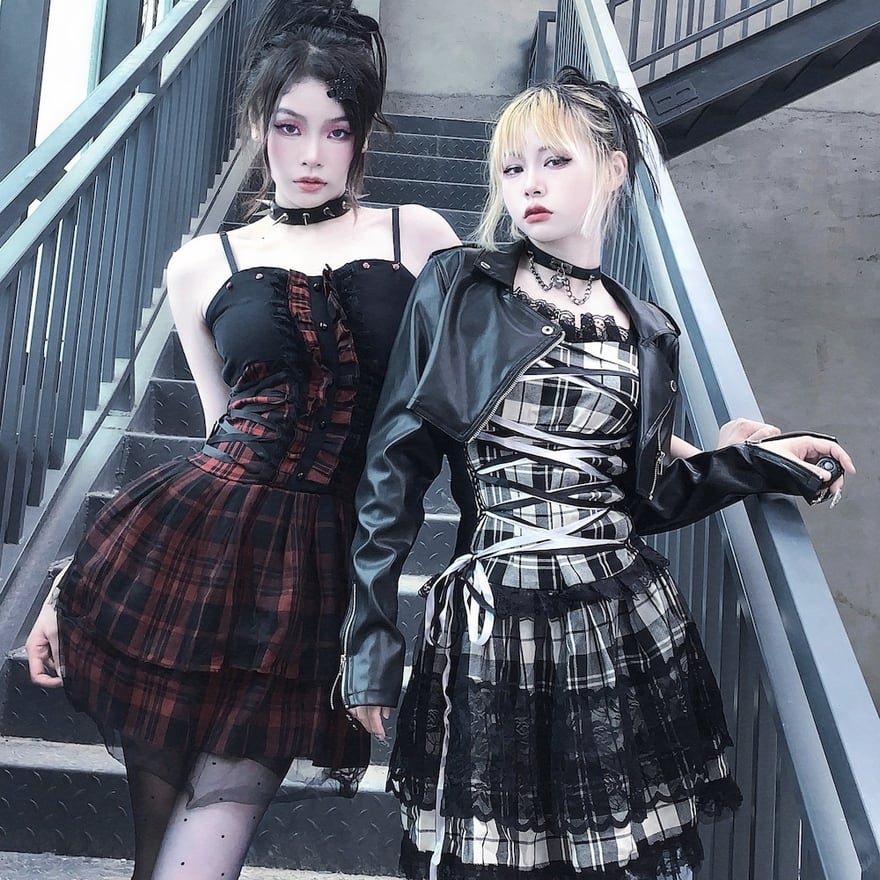 サブカル 服 地雷系 通販 JSK ワンピ レースアップ ノースリーブ チェック柄 パンク バンギャ