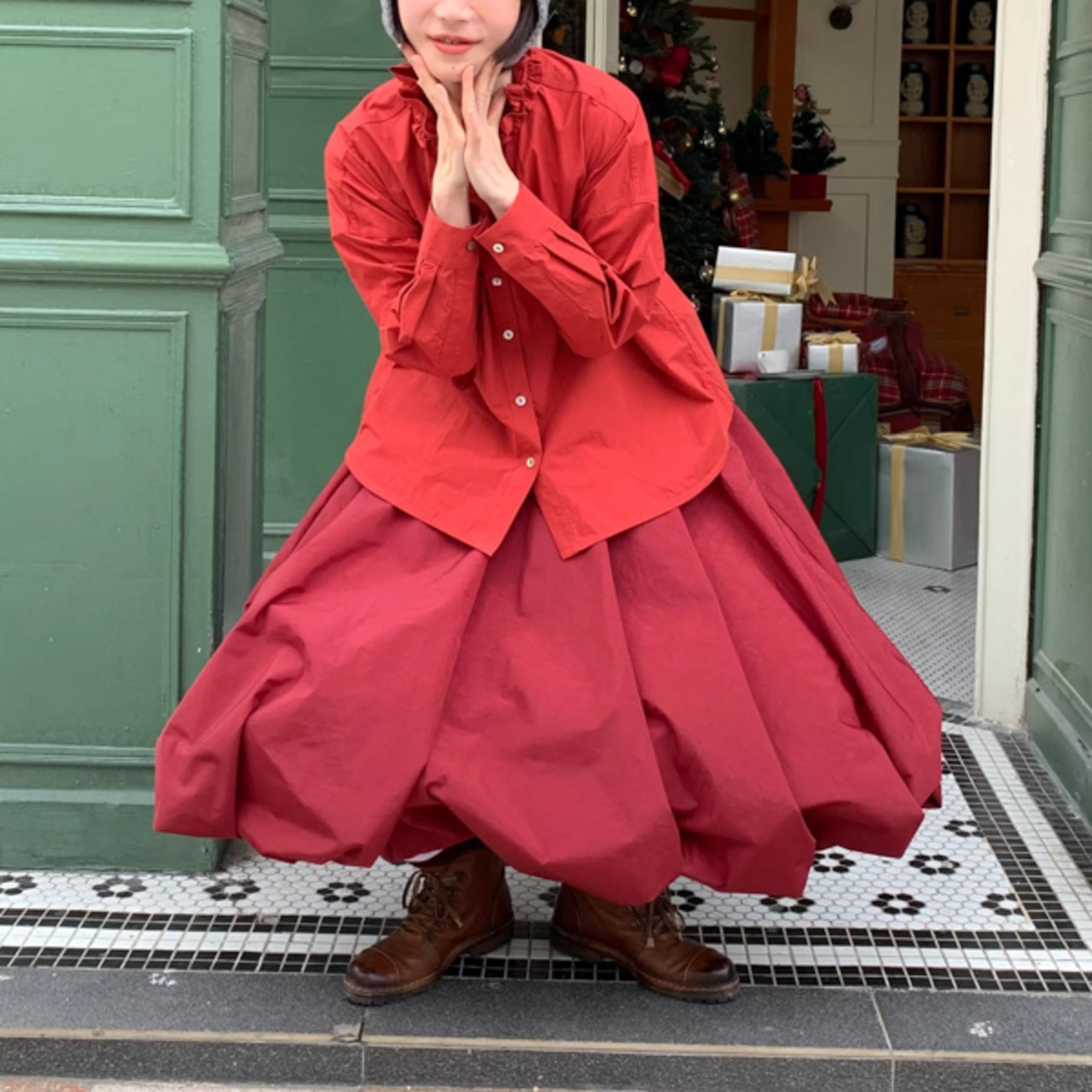 【3color】小フリルが揺れる物語色のハイネック綿シャツ《W0206》