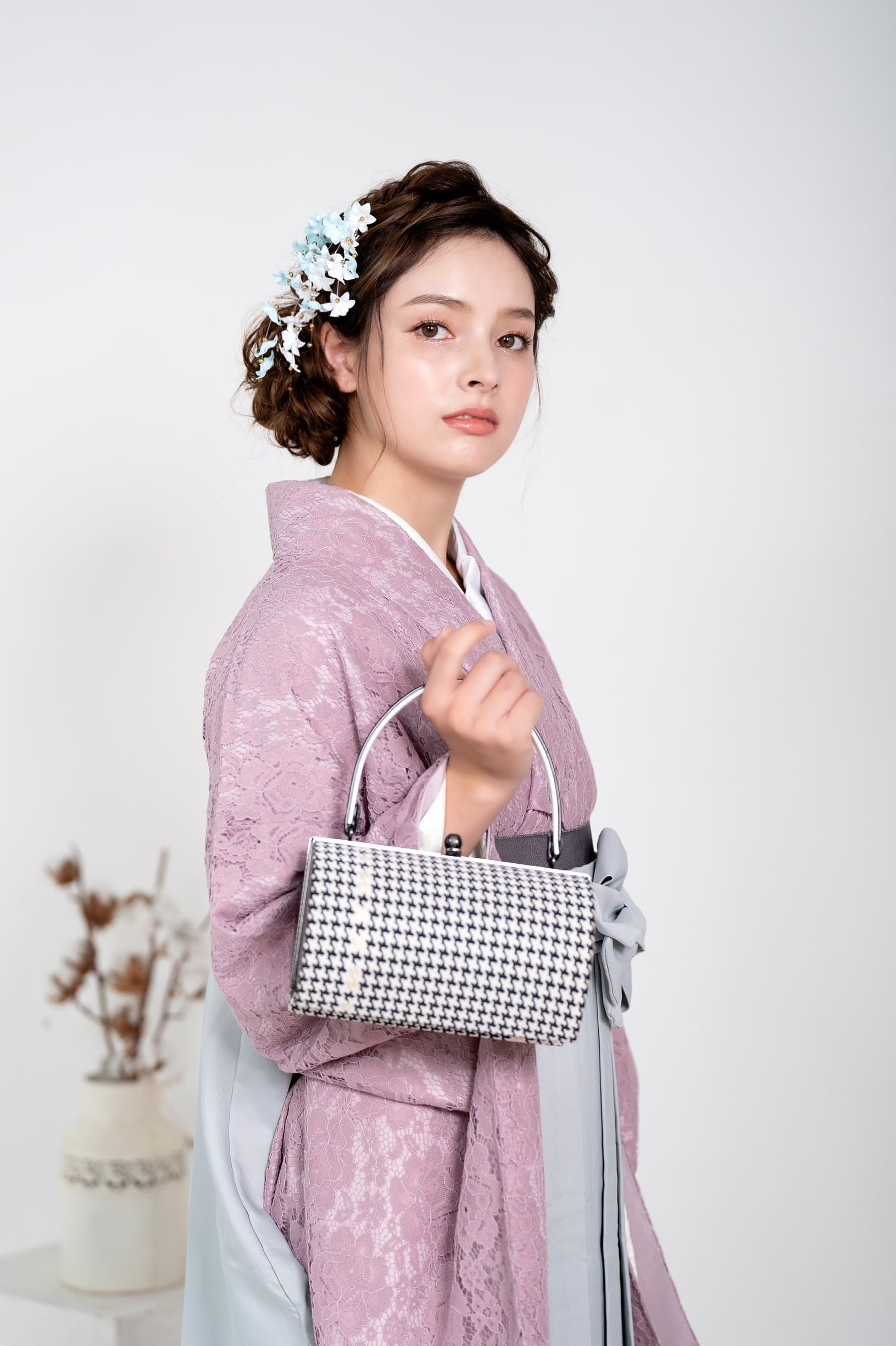 Kimono Sienne 卒業式袴3点セット レース二尺袖 くすみピンクレース×グレー 二尺袖着物 袴 卒業式 | Kimono Sienne