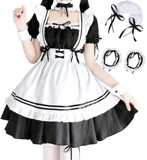 【人気】メイド 服 ゴスロリ 萌え コスプレ 衣装 フリル ロリータ かわいい カチューシャ 付き 6点 セット 清楚 可憐 ウェイトレス レディース