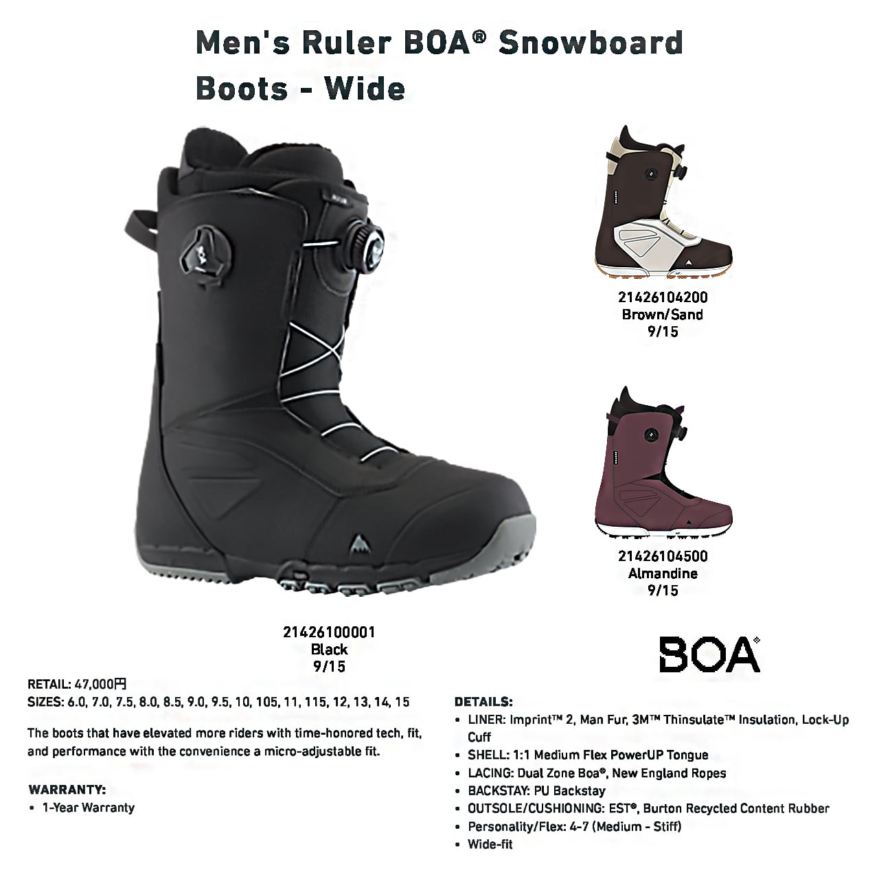 23-24年モデル BURTON .『 RULER BOA-WIDE 』. Black バートン ルーラーボア ワイド ブラック  パウダー バックカントリー カービング フリーラン フリーライド パーク グラトリ フリースタイル スノーボード  ブーツ select snowboard